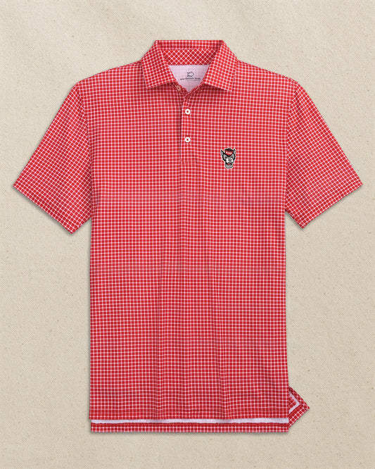 The front view of the Southern Tide NC State Wolf Head Driver Dunes Edge Plaid Polo by Southern Tide - Varsity Red