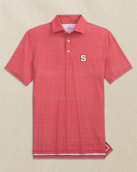 The front view of the Southern Tide NC State Wolfpack Driver Dunes Edge Plaid Polo by Southern Tide - Varsity Red