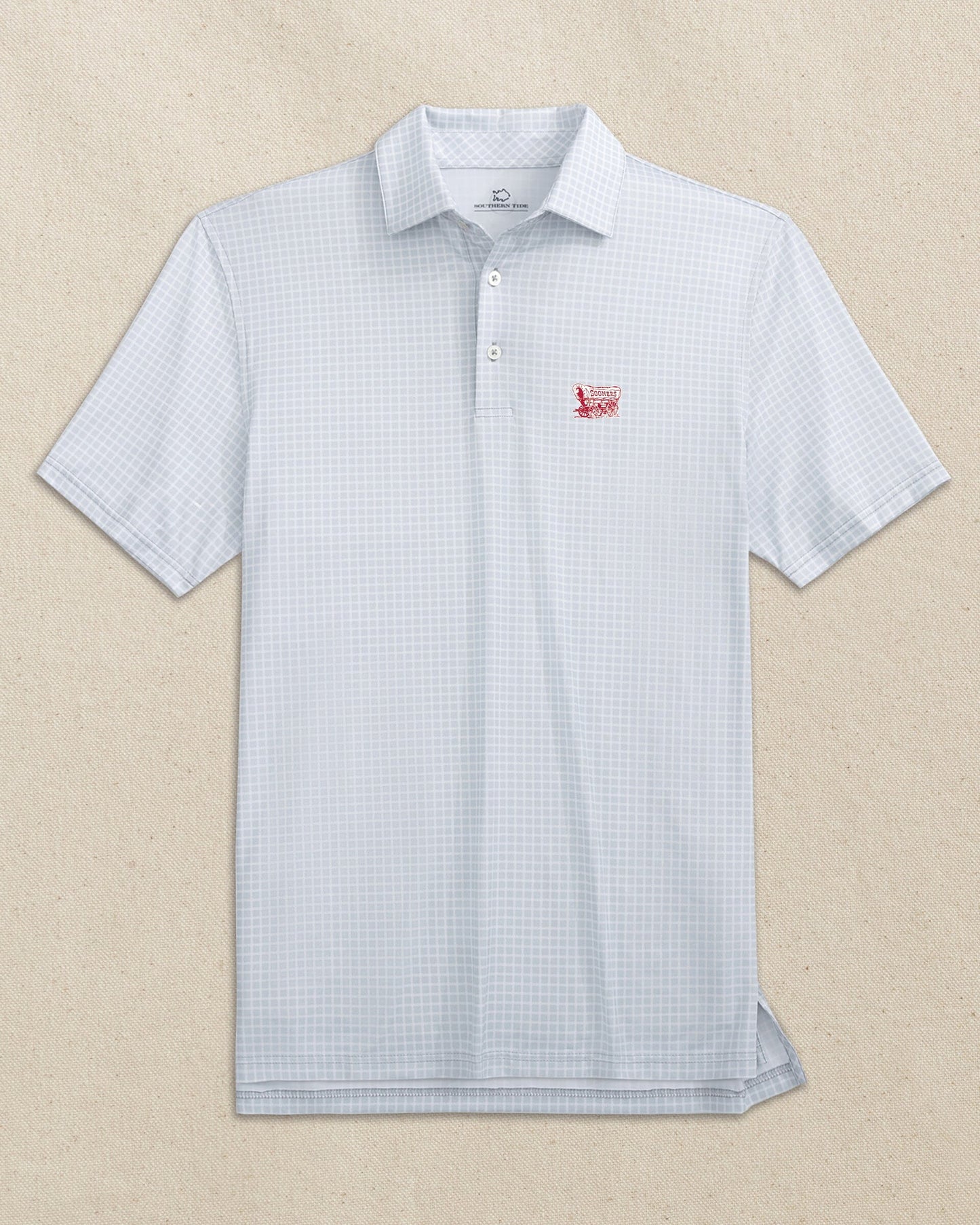 The front view of the Southern Tide Oklahoma Sooner Schooner Driver Dunes Edge Plaid Polo by Southern Tide - Slate Grey