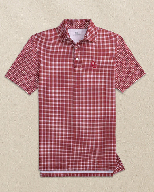 The front view of the Southern Tide Oklahoma Sooners Driver Dunes Edge Plaid Polo by Southern Tide - Crimson